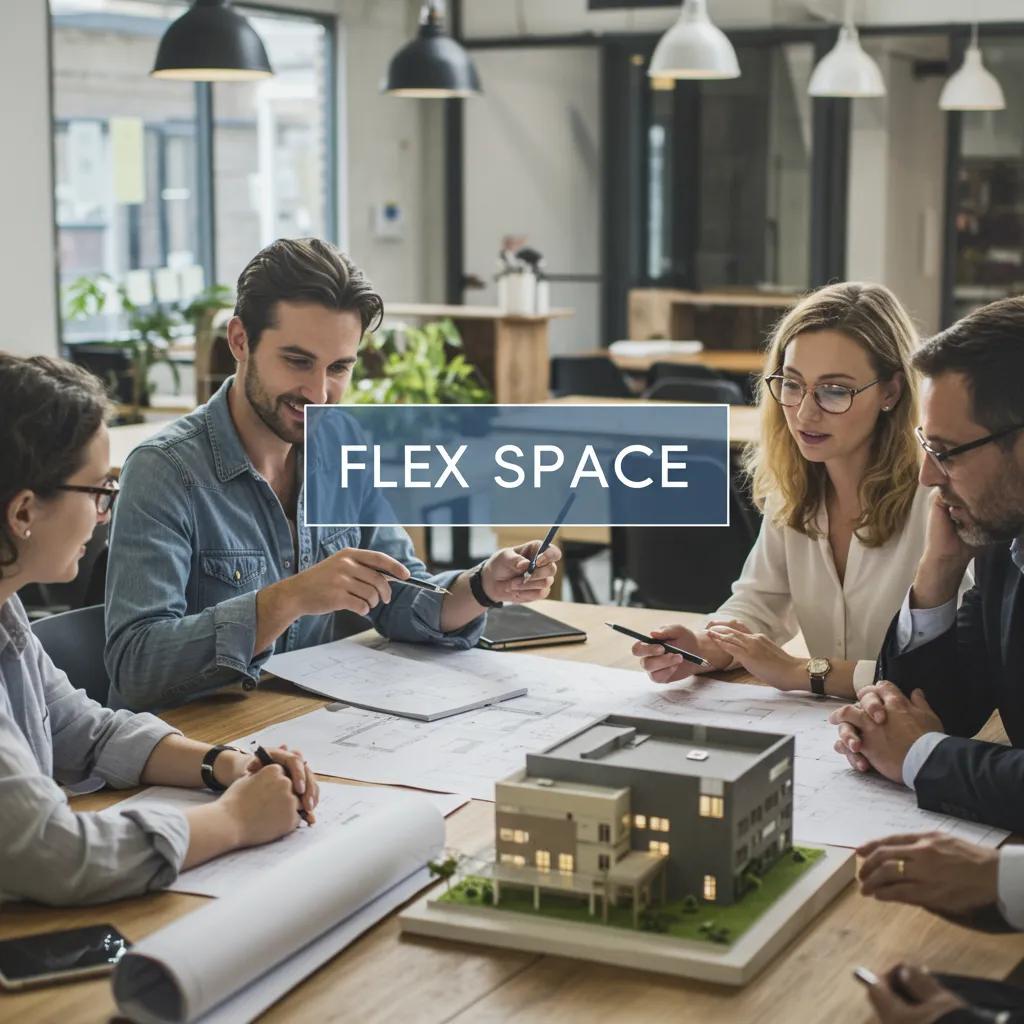 Business professionals collaborating and discussing investment prospects in commercial flex space, highlighting growth potential