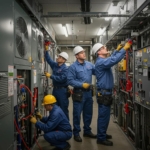 Commercial property maintenance team performing HVAC and plumbing repairs in a professional setting