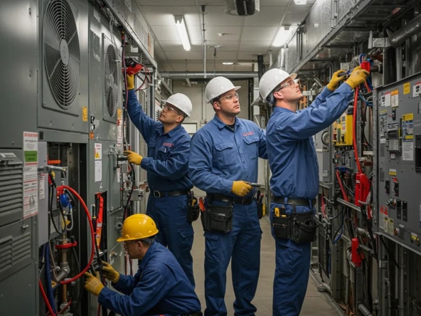 Commercial property maintenance team performing HVAC and plumbing repairs in a professional setting