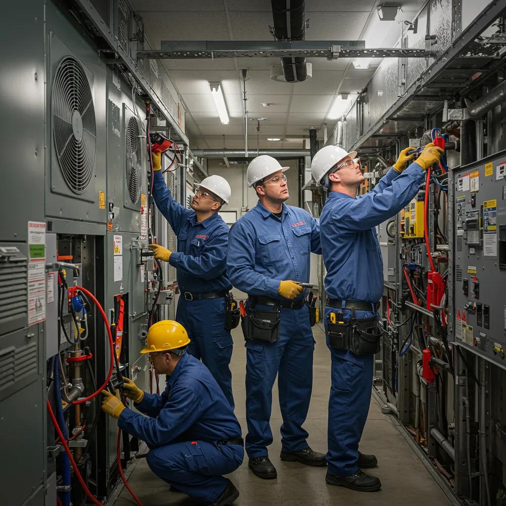 Commercial property maintenance team performing HVAC and plumbing repairs in a professional setting