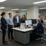 Diverse team of property managers collaborating in a modern office setting