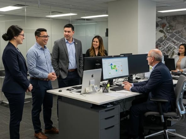 Diverse team of property managers collaborating in a modern office setting