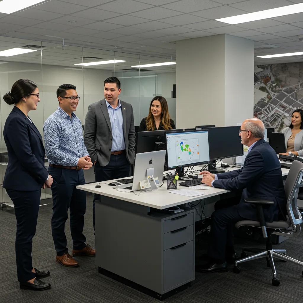 Diverse team of property managers collaborating in a modern office setting