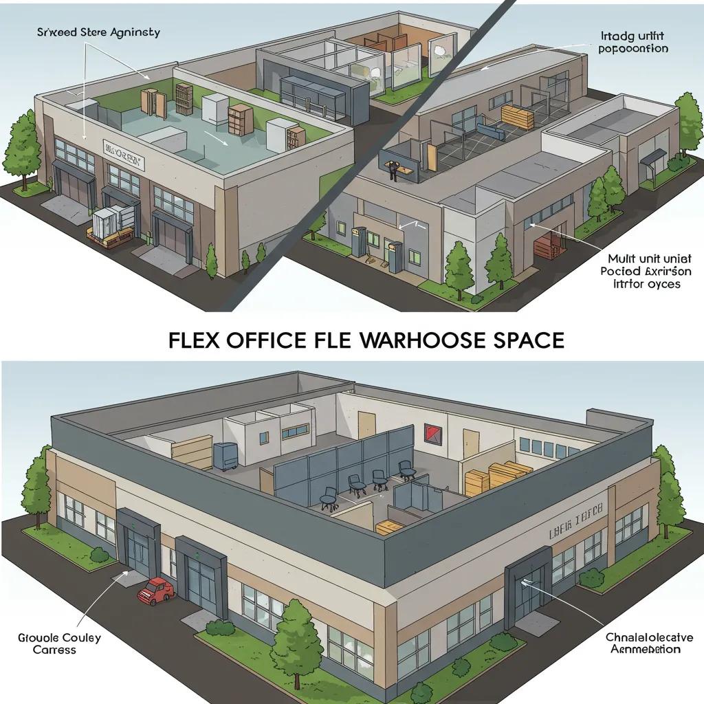 Visual representation of key features within flex office warehouse space, emphasizing its adaptable and functional design