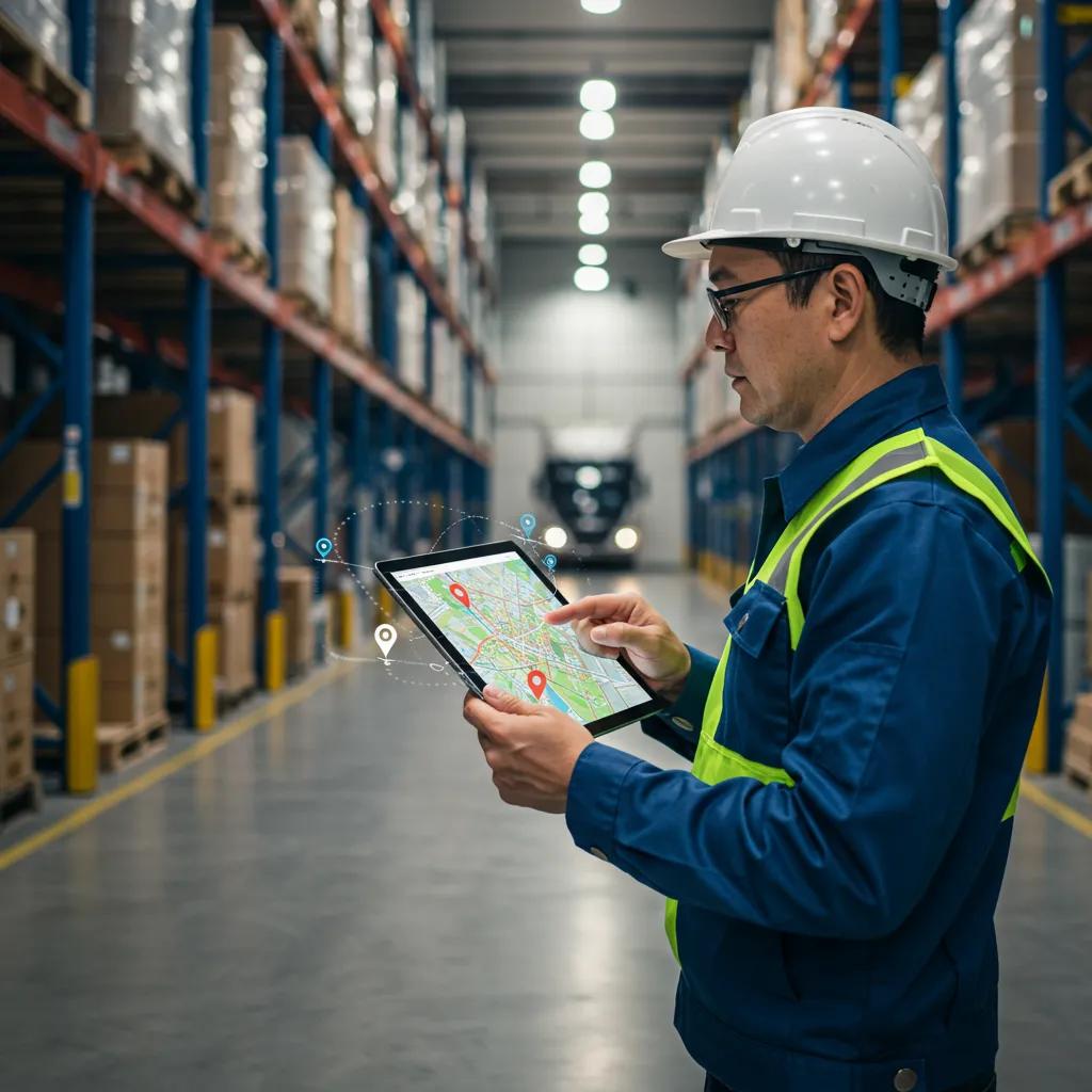 Logistics manager using a tablet in a warehouse with loading docks in the background