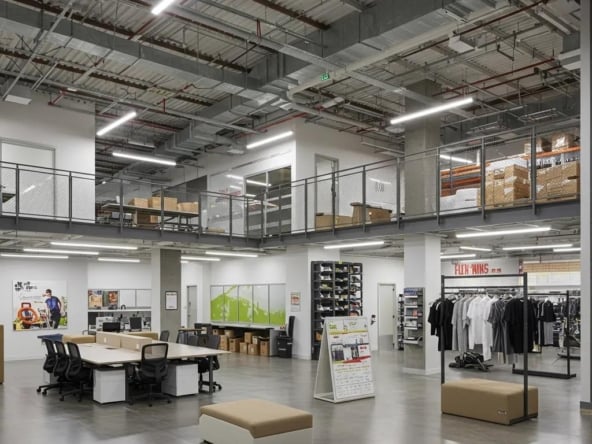 Modern commercial flex space with office, warehouse, and retail areas showcasing adaptability and efficiency