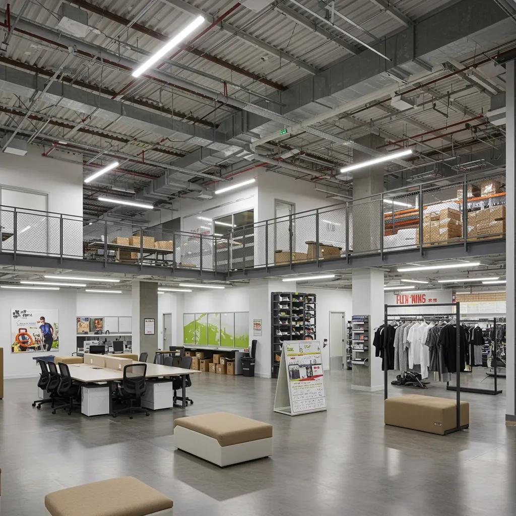Modern commercial flex space with office, warehouse, and retail areas showcasing adaptability and efficiency