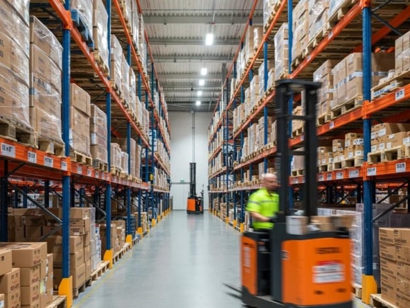 Modern commercial warehouse interior with organized storage and a forklift in action