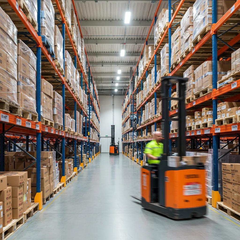 Modern commercial warehouse interior with organized storage and a forklift in action