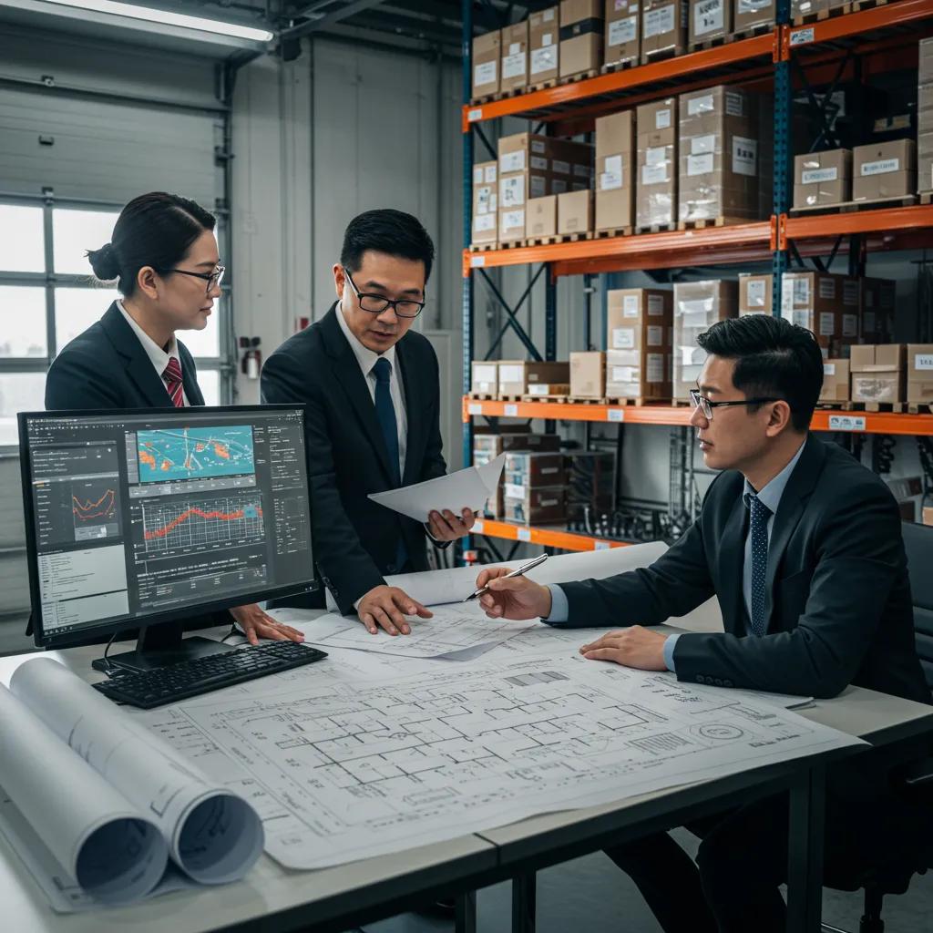 Property manager collaborating with a team in a warehouse office with blueprints