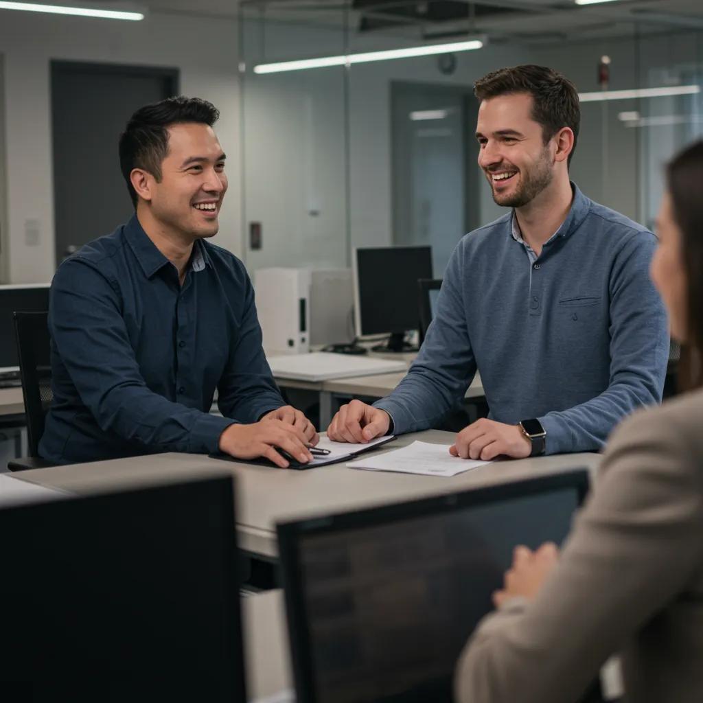 A tenant and property manager engaging in a positive interaction within a well-maintained commercial space
