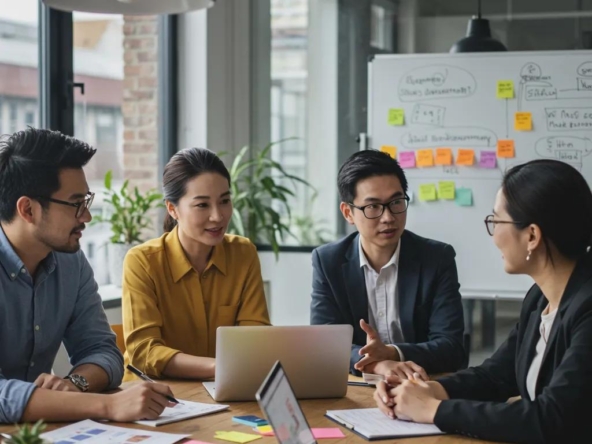 Diverse property management team collaborating in a modern office environment