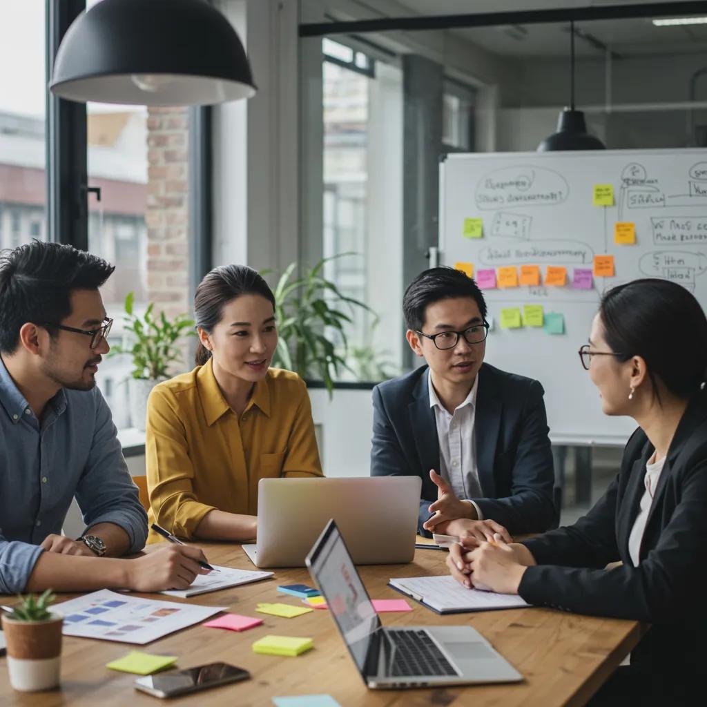 Diverse property management team collaborating in a modern office environment