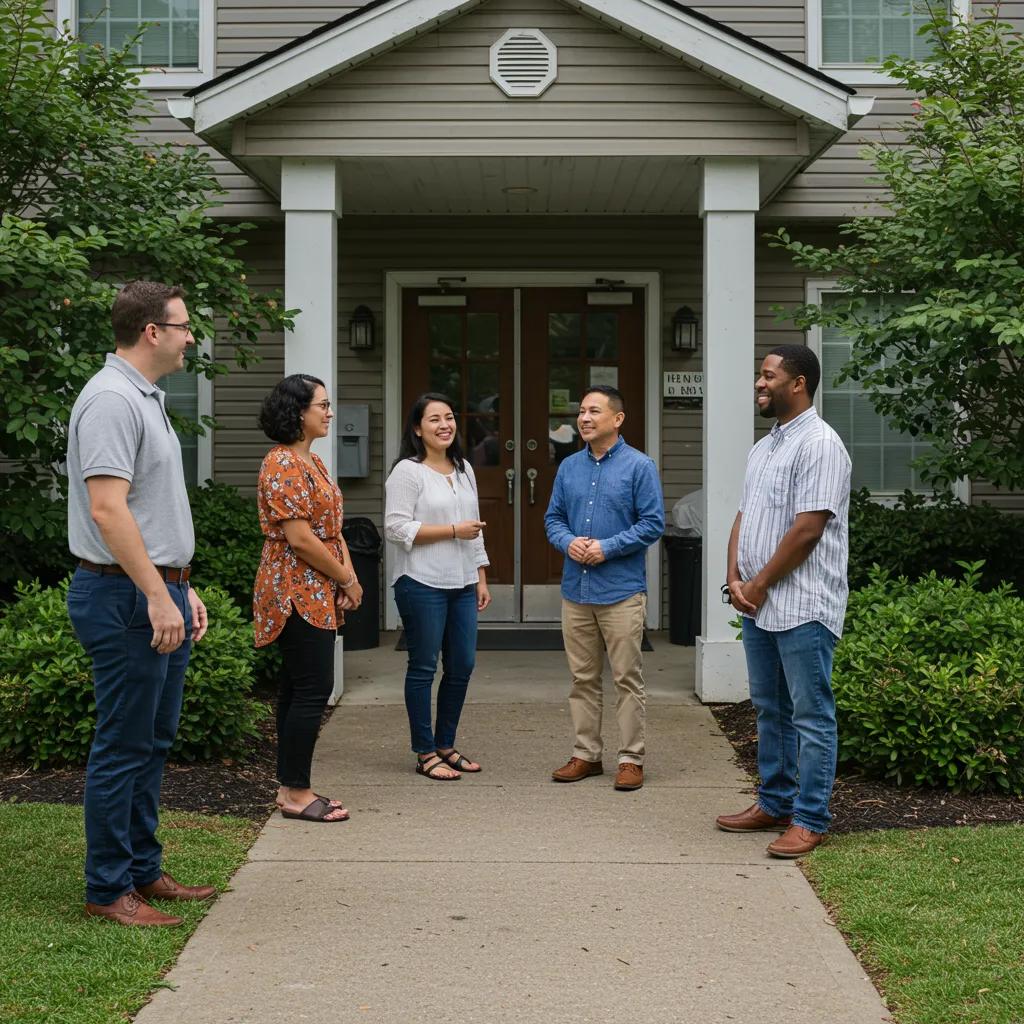 Property manager engaging with satisfied tenants in a well-kept apartment complex
