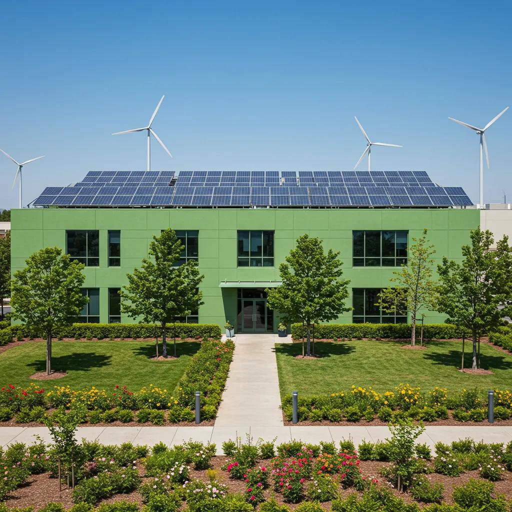 Sustainable corporate real estate building showcasing green practices and renewable energy