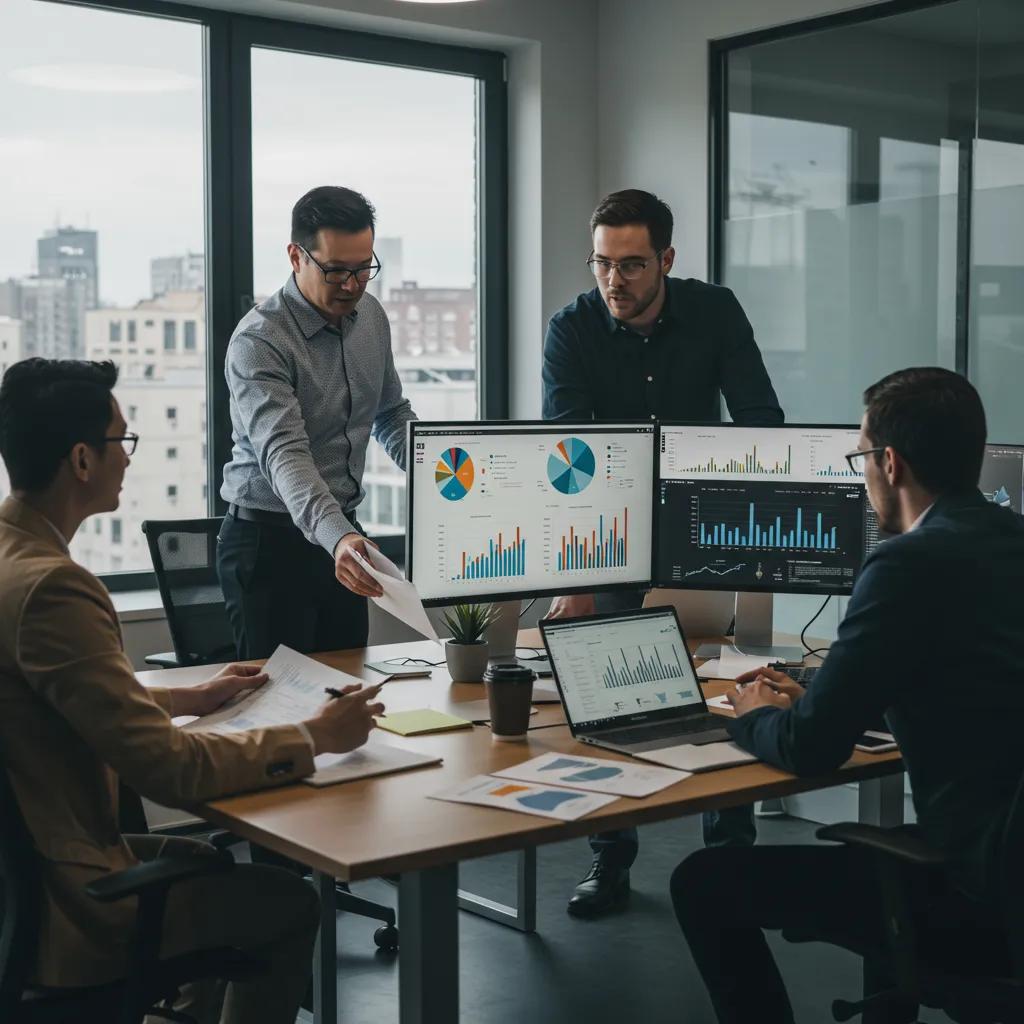 Team collaborating on data-driven portfolio optimization strategies in a modern office