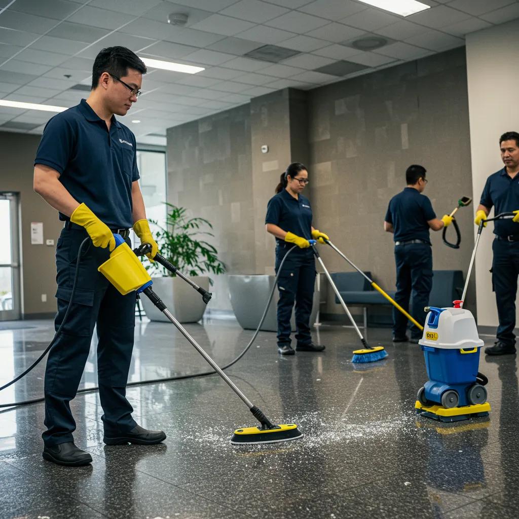 Team performing specialized commercial cleaning services in a lobby, emphasizing cleanliness and professionalism