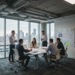 Modern commercial real estate office with professionals collaborating on property plans