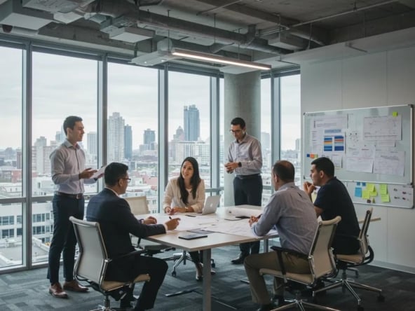 Modern commercial real estate office with professionals collaborating on property plans