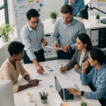 Diverse property management team collaborating in a modern office environment