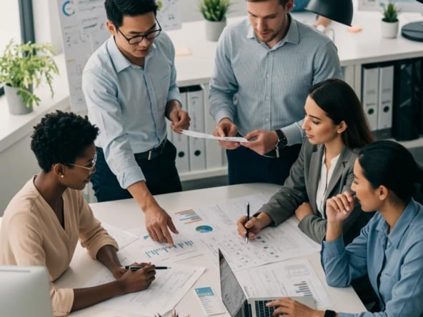 Diverse property management team collaborating in a modern office environment