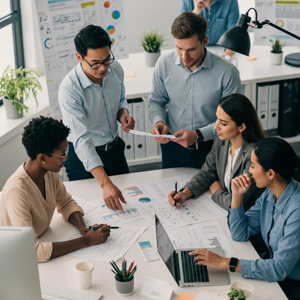 Diverse property management team collaborating in a modern office environment