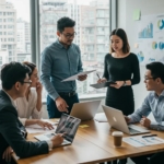 Diverse professionals collaborating on commercial property management strategies in a modern office