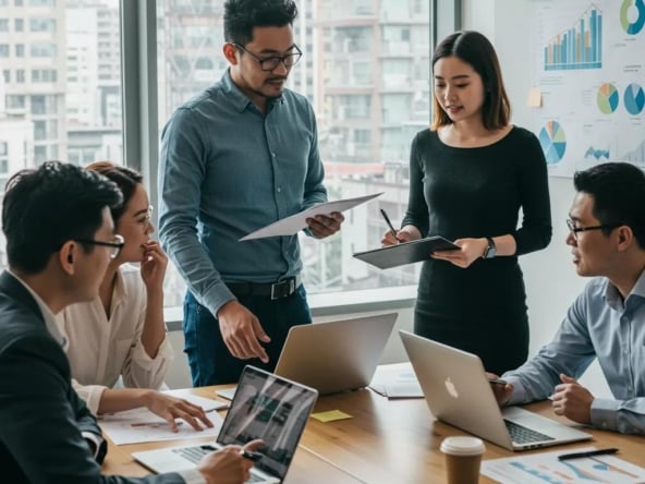 Diverse professionals collaborating on commercial property management strategies in a modern office