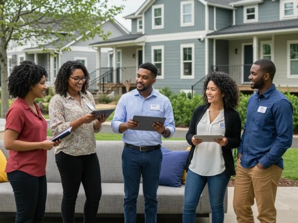 Diverse property management professionals engaging with tenants in a modern residential setting