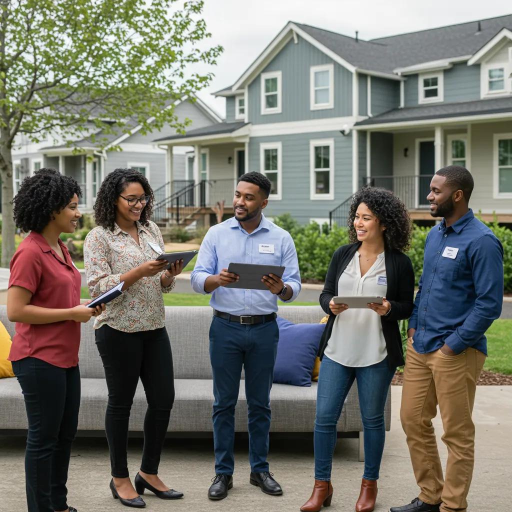 Diverse property management professionals engaging with tenants in a modern residential setting