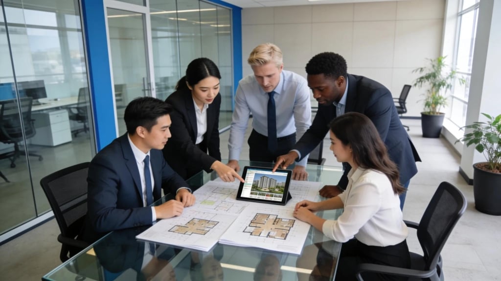 Diverse property brokers collaborating in a modern office environment