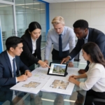 Diverse property brokers collaborating in a modern office environment