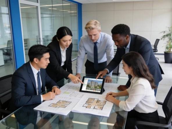 Diverse property brokers collaborating in a modern office environment