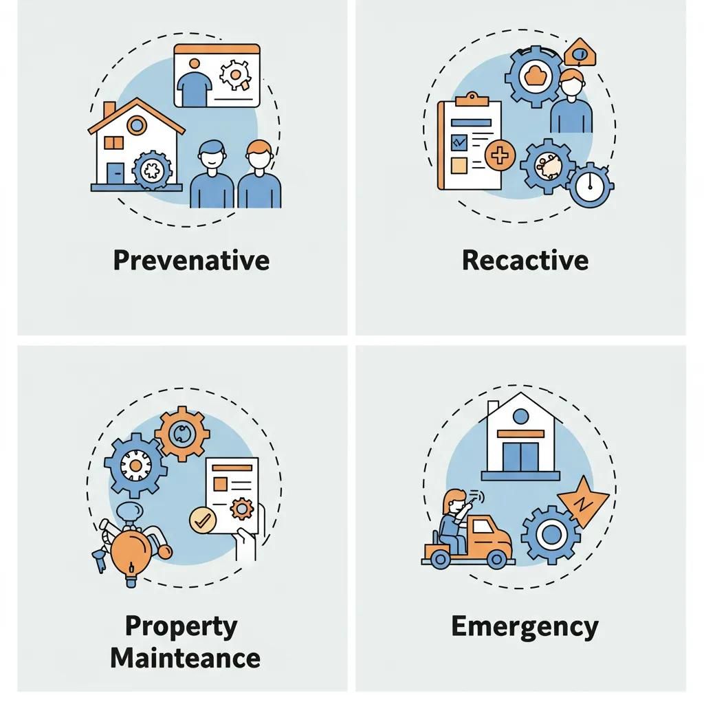 Illustration of four core types of property maintenance: preventative, reactive, routine, emergency