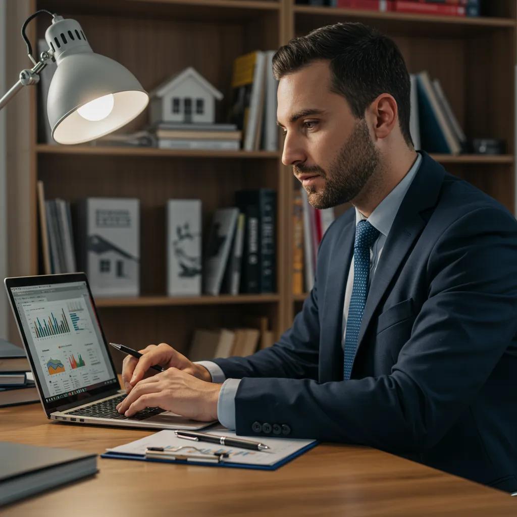 Investment property advisor analyzing market data in a professional office