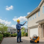 Property manager inspecting a residential building with maintenance tools
