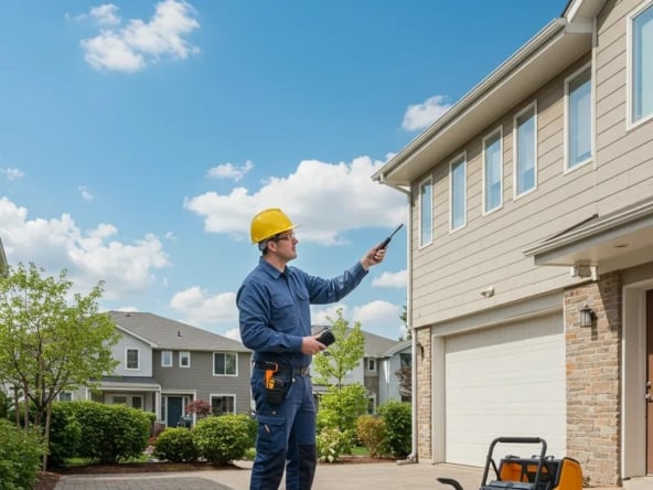 Property manager inspecting a residential building with maintenance tools