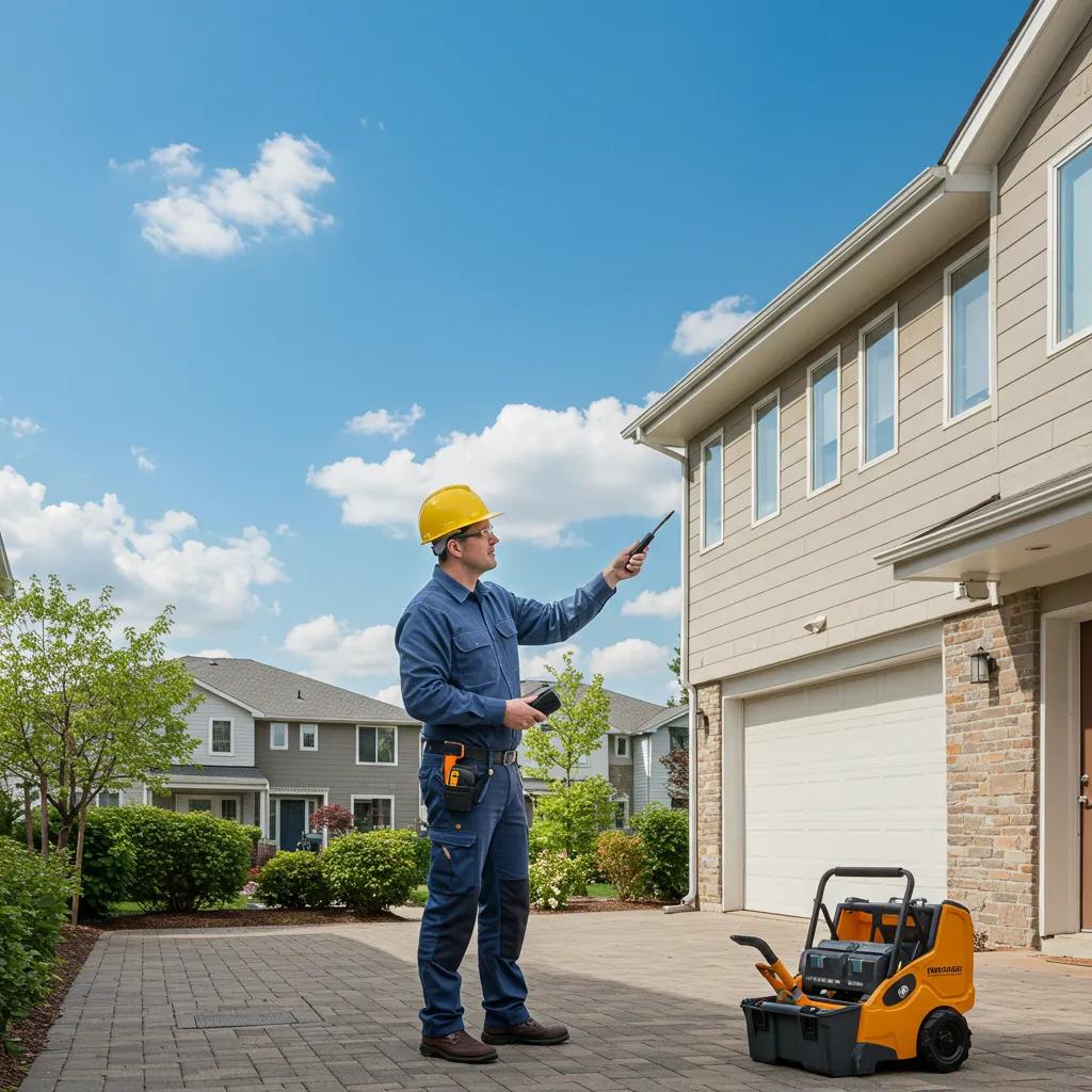 Property manager inspecting a residential building with maintenance tools
